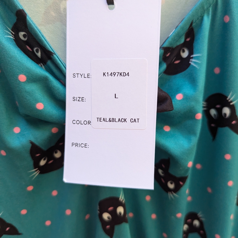 Unique Vintage Teal Cat Pattern Midi Dress - Picture 6 of 13